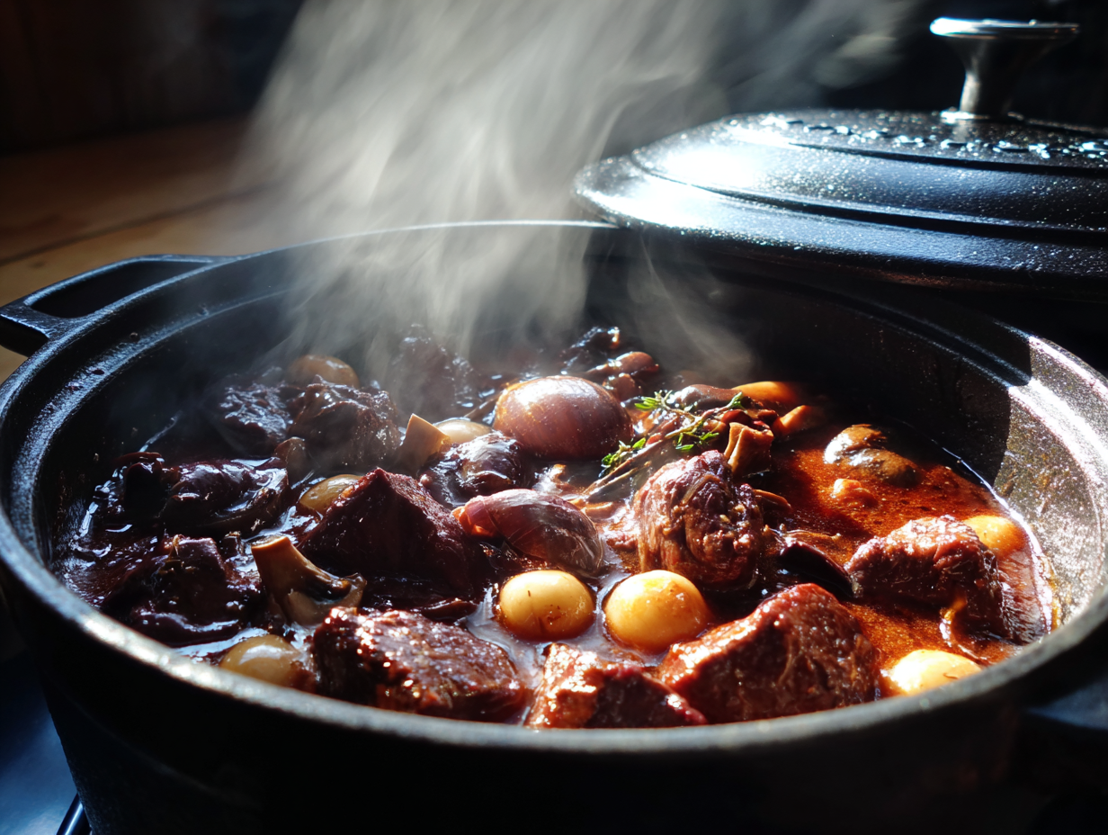 Bœuf bourguignon en cocotte, vapeur