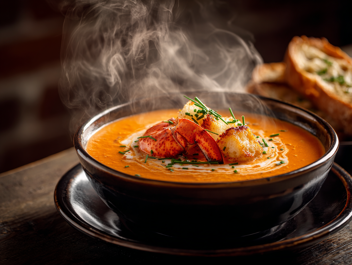 Bisque de homard, vapeur, toast grillé